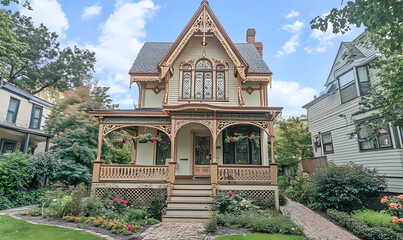 Fototapeta premium A Victorian-style tiny home with a gingerbread trim, offering a charming and whimsical design