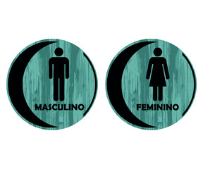 Placas Banheiro Redondas Com Meia Lua. Masculino e Feminino. Textura de Madeira Verde.