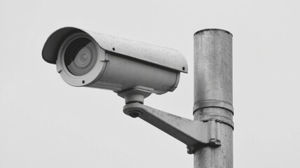 Surveillance camera mounted on a pole, capturing the urban environment in a cloudy sky