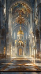 Fototapeta premium Ornate church interior, sunlight streams in.
