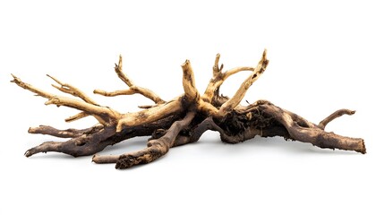 A weathered tree root system displays intricate branching patterns