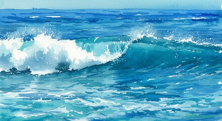 Fototapeta premium Vibrant Ocean Wave Watercolor Painting Turquoise Blue Water White Surf Seafoam