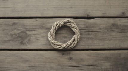 Obraz premium Twisted natural rope circle on rustic wooden surface, showcasing texture and craftsmanship