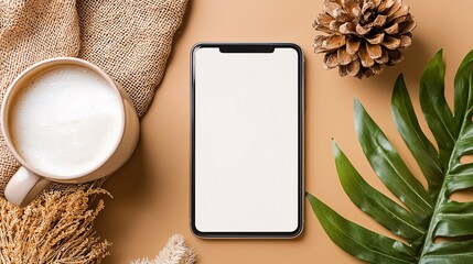 Mockup advertisement concept. A smartphone rests on a textured surface with a cup of coffee and decorative elements nearby.