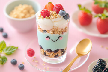 P A kawaii parfait with layers of ice cream f