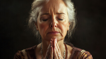 middle aged woman with closed eyes looks concerned while praying, conveying deep emotion and reflection. Her hands are clasped together, and her expression suggests moment of introspection