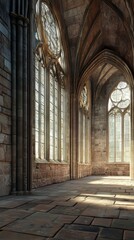 Sunlit stone hallway in gothic cathedral