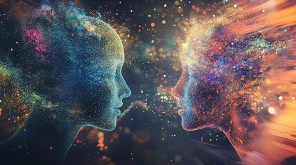 Fototapeta premium Abstract digital art depicting two interconnected human figures facing each other in a cosmic scene