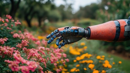 Naklejka premium Robotic arm tending flowers in garden; automation