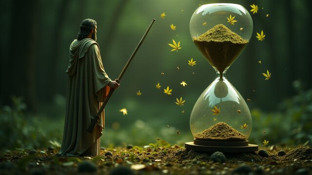 Cronos holding an hourglass with shredded cannabis leaves as sand, glowing faintly, symbolizing the passage of time, life, and rebirth, divine and eternal.