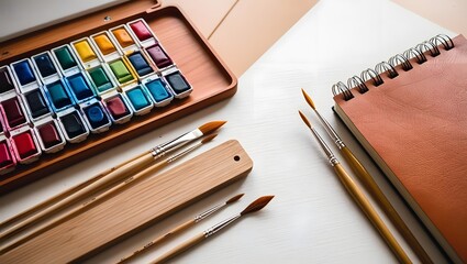 Watercolor paint set, brushes, and sketchbook for creative art projects