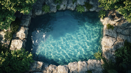 serene top view of natural swimming pool surrounded by rocks and lush greenery, reflecting sunlight on water surface, creating tranquil atmosphere