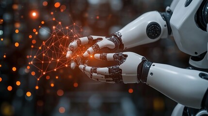Robotic hands holding network; factory backdrop; AI future