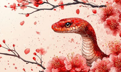 Obraz premium A vibrant red snake surrounded by blooming cherry blossoms and petals.