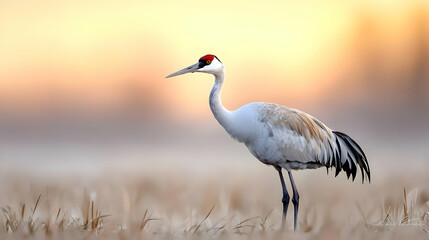 Fototapeta premium Sandhill Crane at Sunrise in Grassland