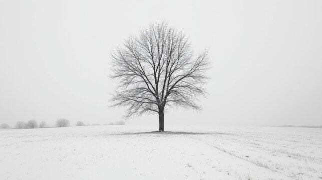 A solitary tree stands in a snowy landscape, surrounded by a vast, white expanse under a gray sky