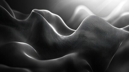 Abstract grayscale waves, glowing background, digital landscape, tech presentation