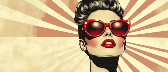 A Retro-Styled Illustration Of A Woman Wearing Red Sunglasses, Set Against A Sunburst Background. It Has A Vintage, Pin-Up Vibe.
