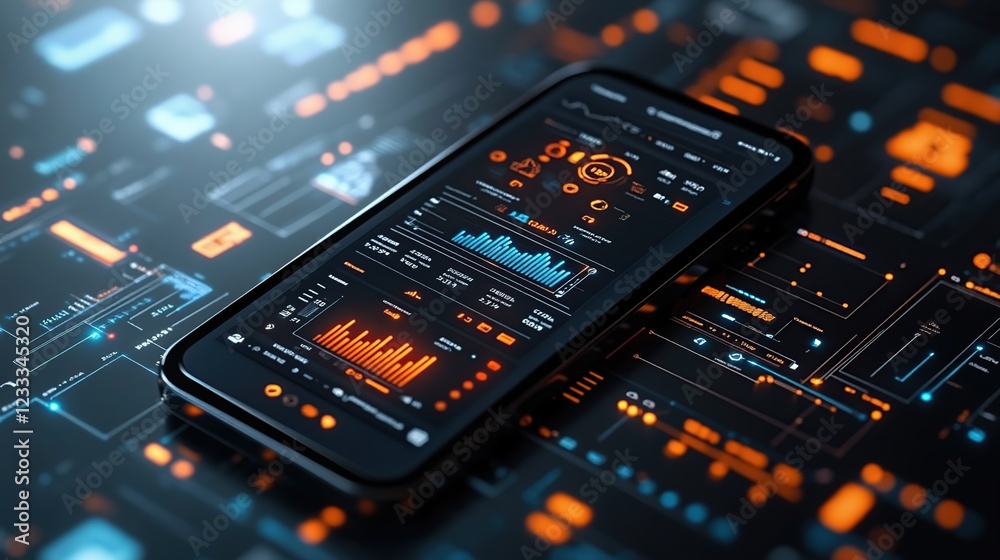 Poster smartphone displaying data analytics on futuristic interface