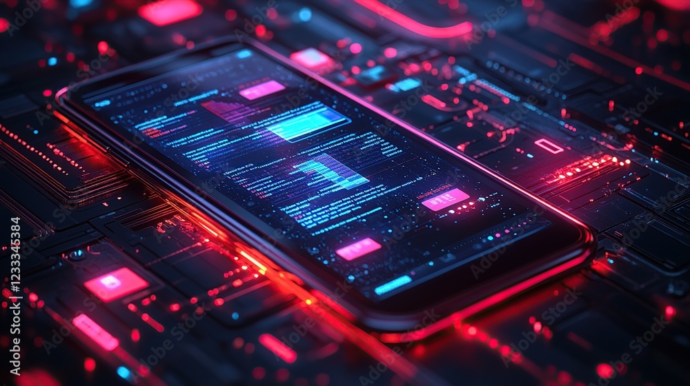 Poster smartphone displaying data on circuit board background