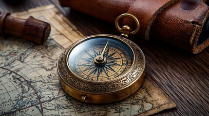 Antique compass, map, and spyglass on wooden table for navigation