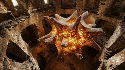 Illuminated Sculpture in Ancient Ruins: A Captivating Contrast of Modern Art and Historical...