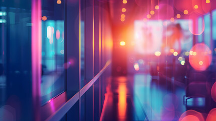 A vibrant, illuminated corridor with colorful bokeh effects and reflections.