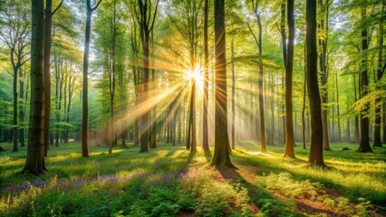 Obraz premium Silent forest in spring with beautiful bright sun rays , nature, trees, sunlight, vibrant, serene, peaceful, tranquil