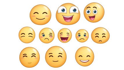 Fototapeta premium Various expression emojis with unique faces and emotions isolated on a clean PNG background, ideal for digital communication designs, social media posts, and emoticon-themed visuals.