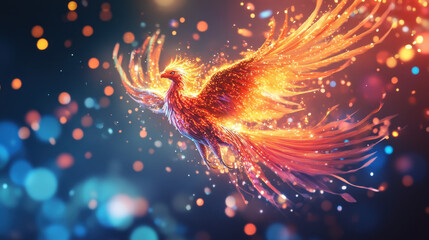 vibrant phoenix with fiery feathers soars through colorful background filled with sparkling lights, embodying rebirth and magic