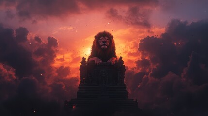Majestic lion throne sunset dramatic sky fantasy art