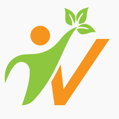 Initial Letter V Bio or Healthcare Logo Design Concept With Human And Green Leaf Symbol