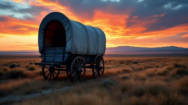 A lone pioneer wagon sits on a vast prairie at sunset. The sky is ablaze with fiery colors.
