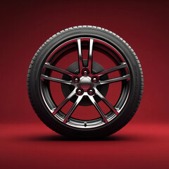 Obraz premium sleek, modern car wheel with shiny finish and intricate design, set against bold red background. This captures essence of automotive elegance and performance