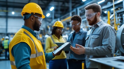 Multicultural engineering team reviewing production metrics on digital tablet, tracking industrial performance with concentrated teamwork in modern manufacturing environment