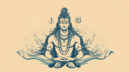 2.A beautiful line art vector illustration of Aadi Yogi Mahadev, embodying the calm and energy of Lord Shiva. The design depicts the divine figure in deep meditation, with intricate details like the