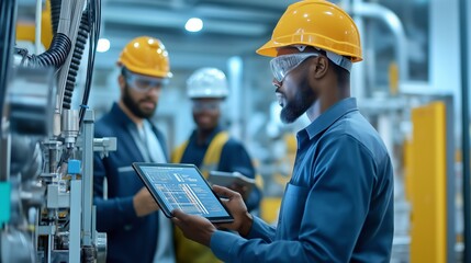 Diverse engineering team collaborating with digital tablet, analyzing production workflow within sleek, advanced manufacturing facility