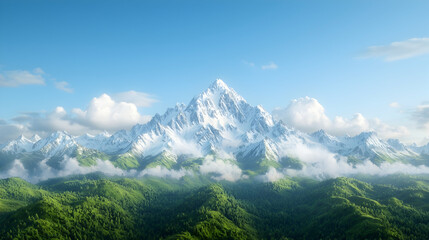 Naklejka premium Majestic snow-capped mountain peak, green valley, sunny sky, clouds; travel poster