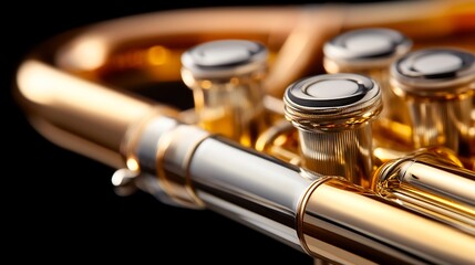 Naklejka premium Close-up of a Golden Trumpet's Valves, Exquisite Detail and Gleaming Brass, Musical Instrument
