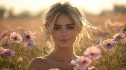 Blonde woman in cosmos field at sunset