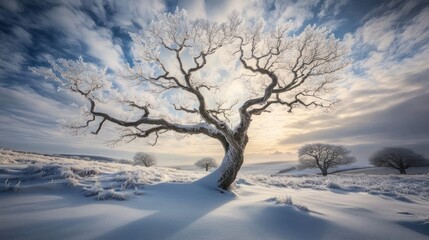 Frosty winter tree sunrise landscape, snowy field