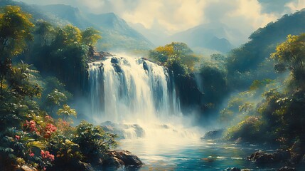 Fototapeta premium Lush Waterfall, Tropical Paradise, Mountain Mist, Tranquil Scene, Tourism Poster