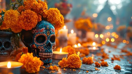 Day of the Dead altar, candles, flowers, skull, cemetery background; holiday celebration