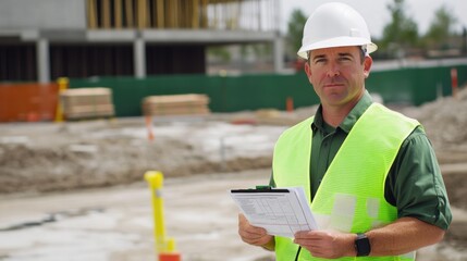 Fototapeta premium A safety inspector in a green reflective vest and white hard hat, holding a checklist and looking directly at the camera, with a construction site and safety barriers in the background