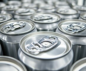 Close-up of aluminum cans, symbolizing mass production in the food industry