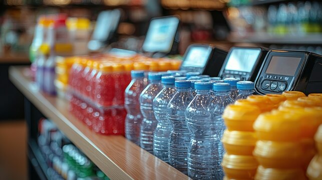 Bottled drinks on store counter with payment terminal