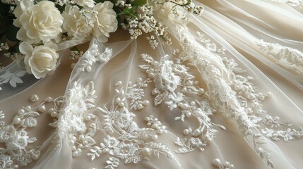 Fototapeta premium Bridal veil with lace, pearls, and flowers for wedding ceremony