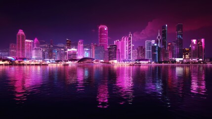 Fototapeta premium Vibrant city skyline at night with colorful lights reflecting on water.