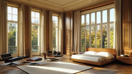 Fototapeta premium A chic bedroom showcasing a mix of modern and vintage decor elements.