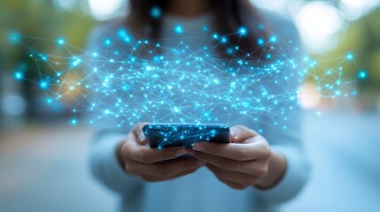 Woman outdoors using phone, network connection visualized, blurred background
